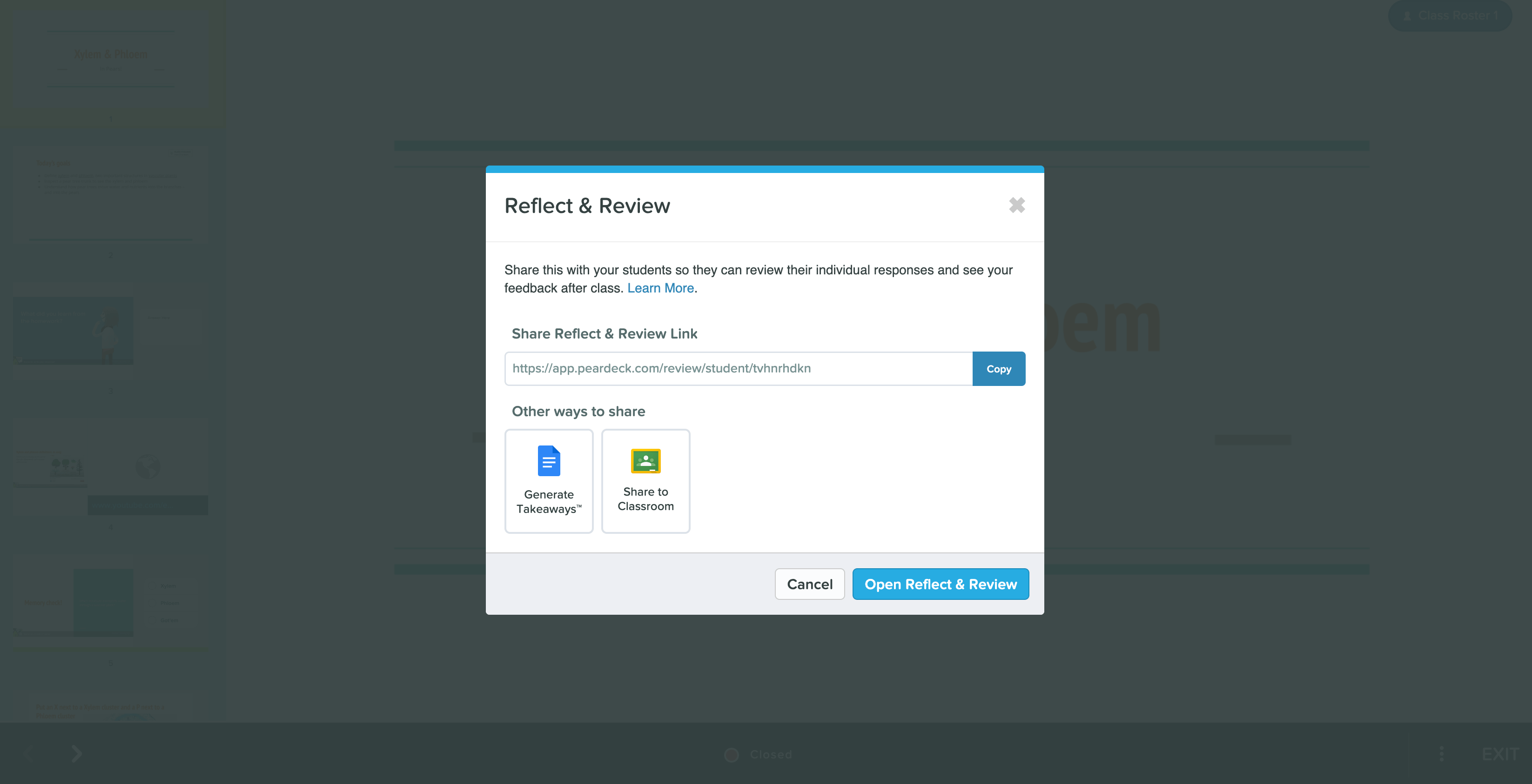 Google Classroom - open Reflect & Review window