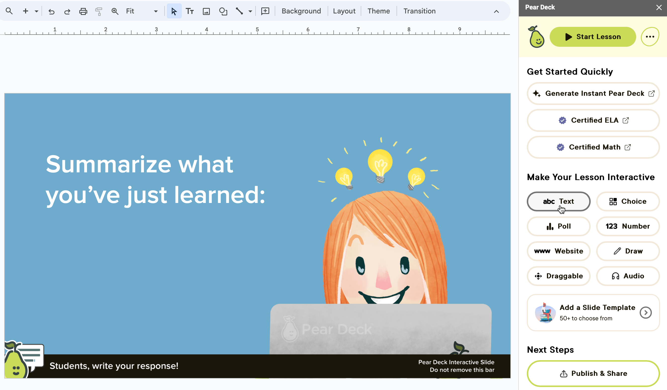 Gslides editor, create text slide