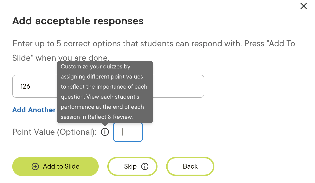 acceptable responses, point value