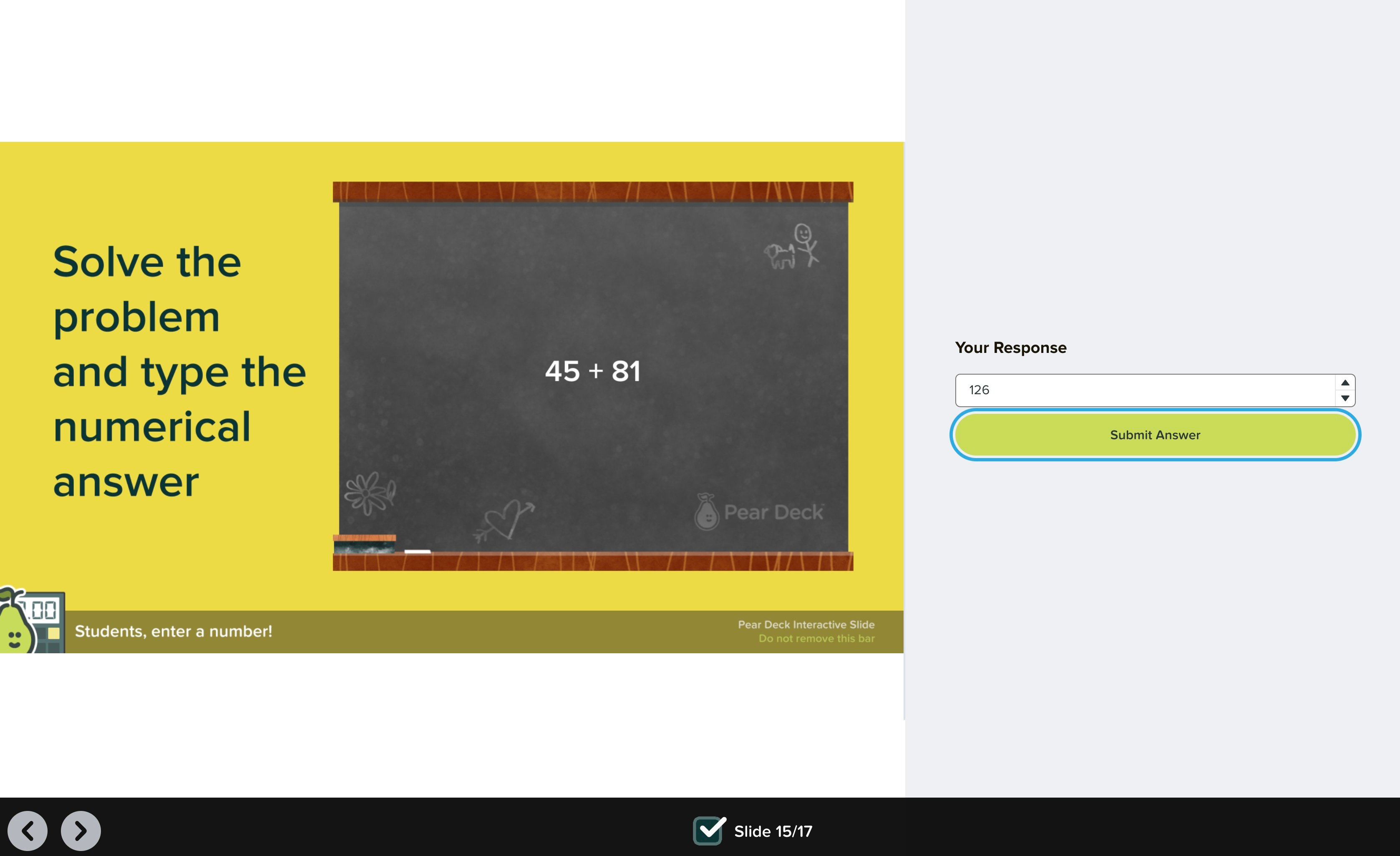 Image of a response with "126" and the "Submit Answer" button.