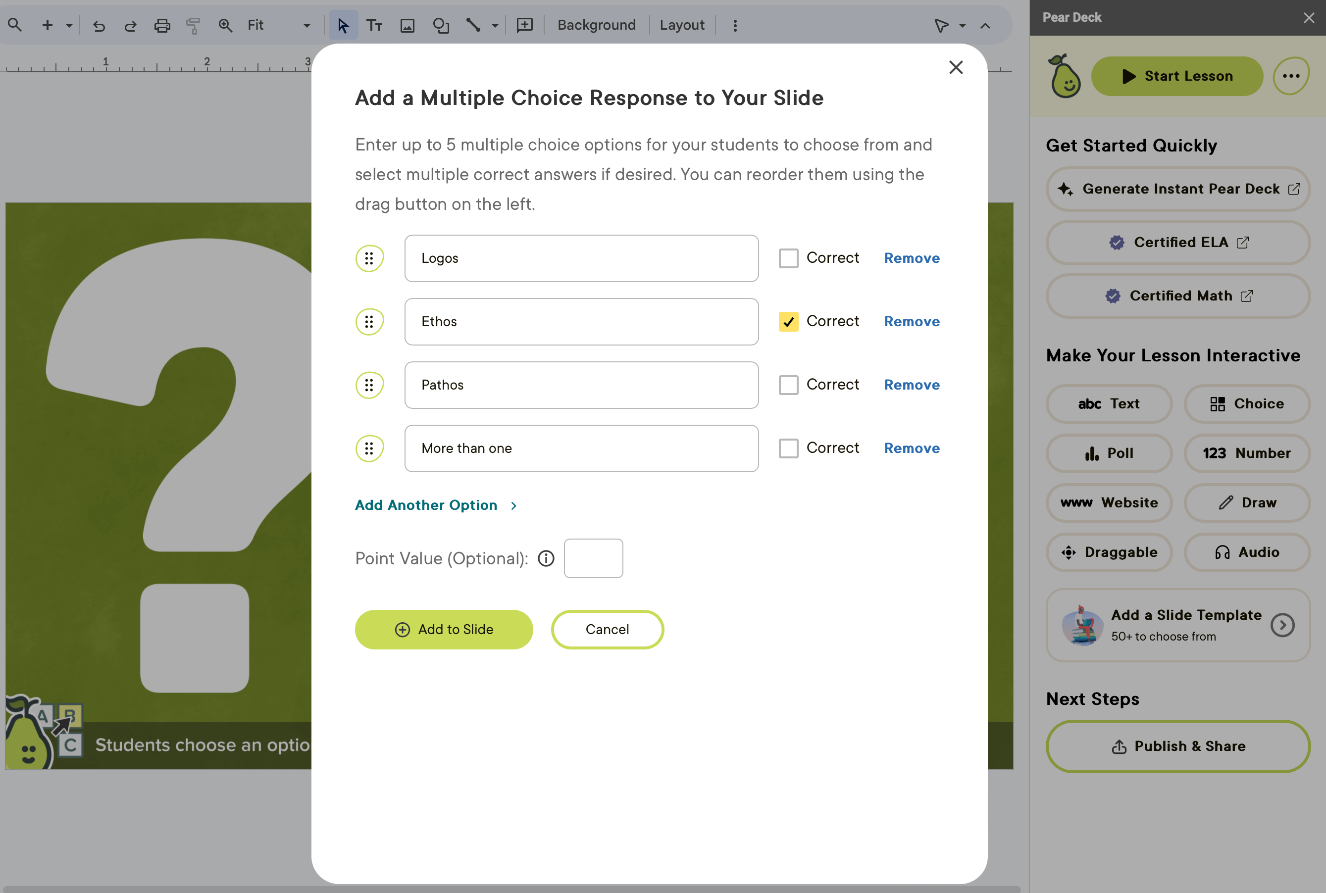 Gslides editor, create multiple choice slide, red arrows
