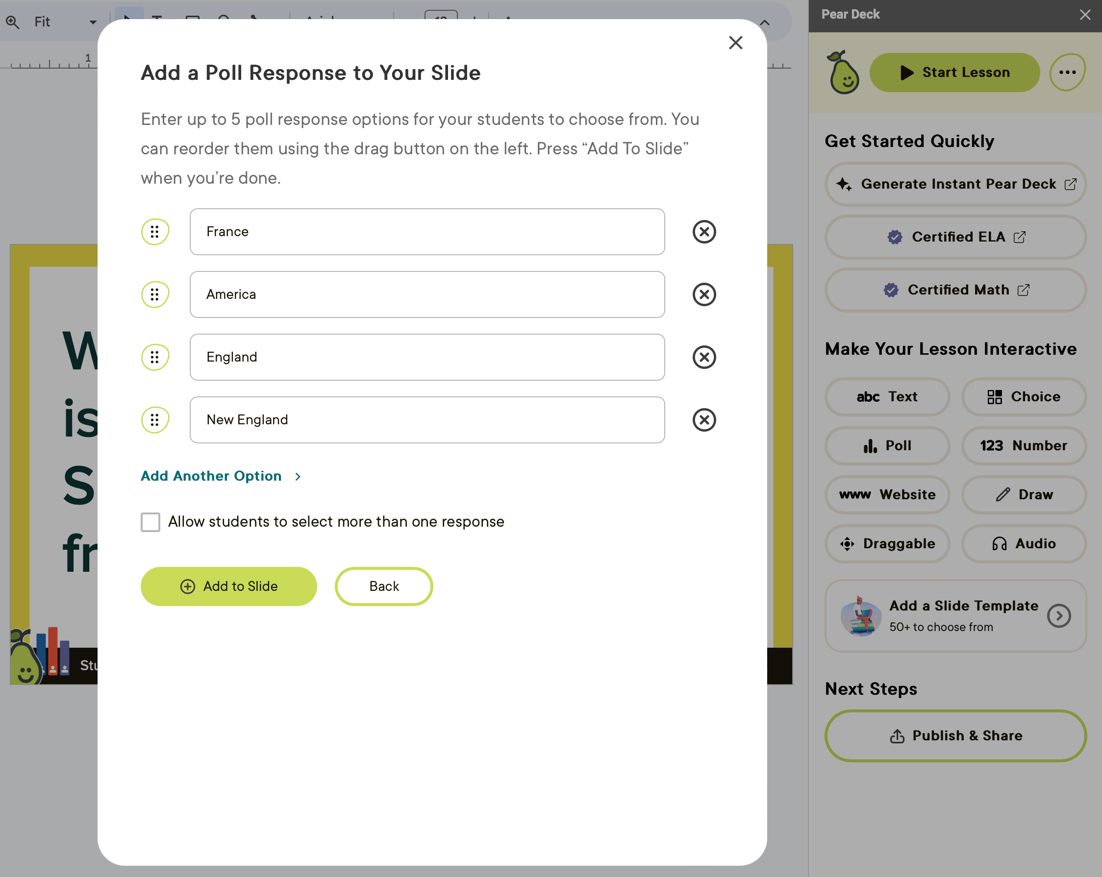 Gslides editor, create poll slide, add responses