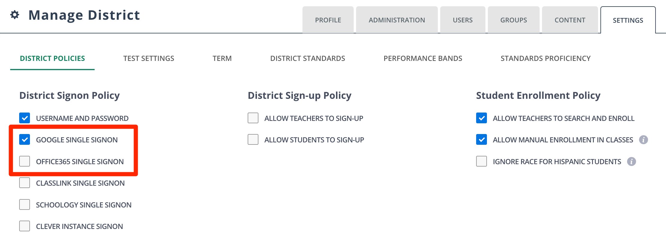 A view of the SSO policy options in Pear Assessment.