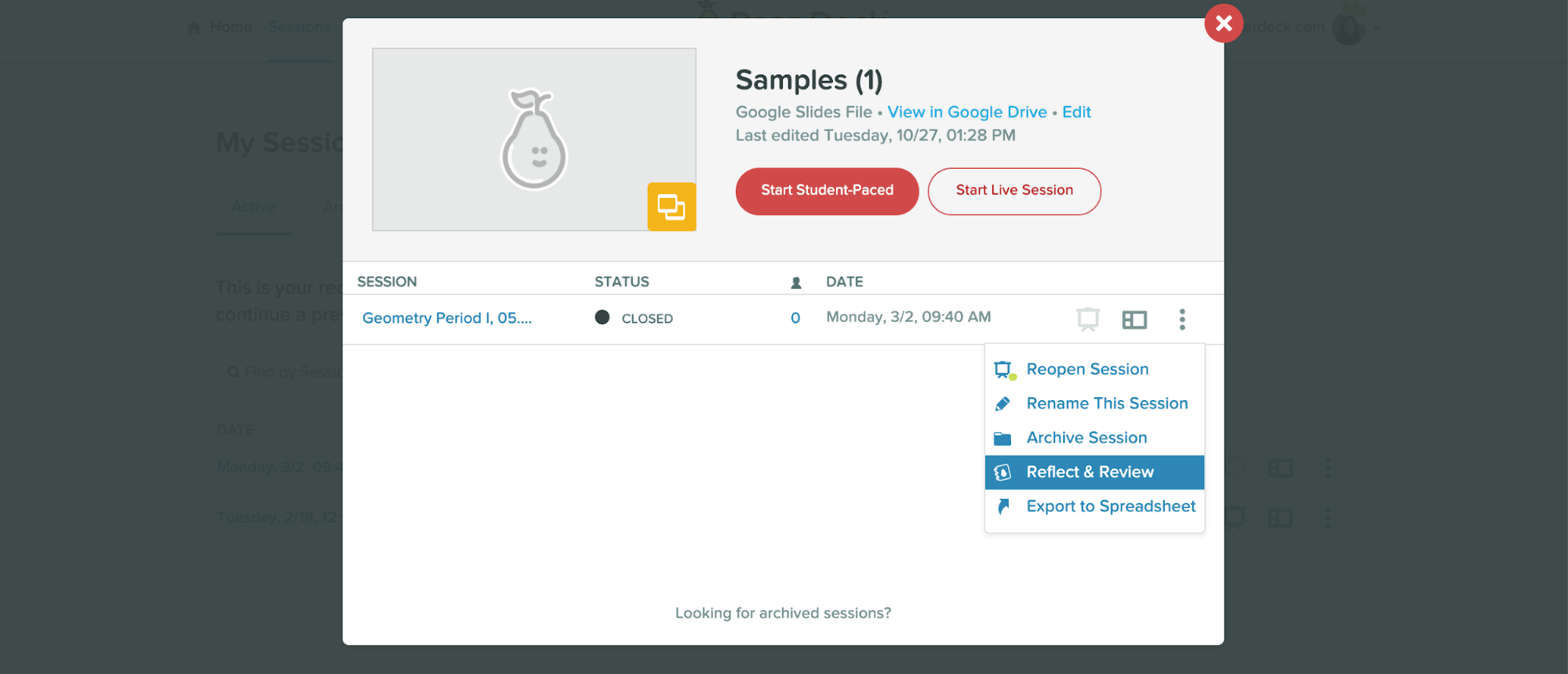 Reflect & review, from deck modal
