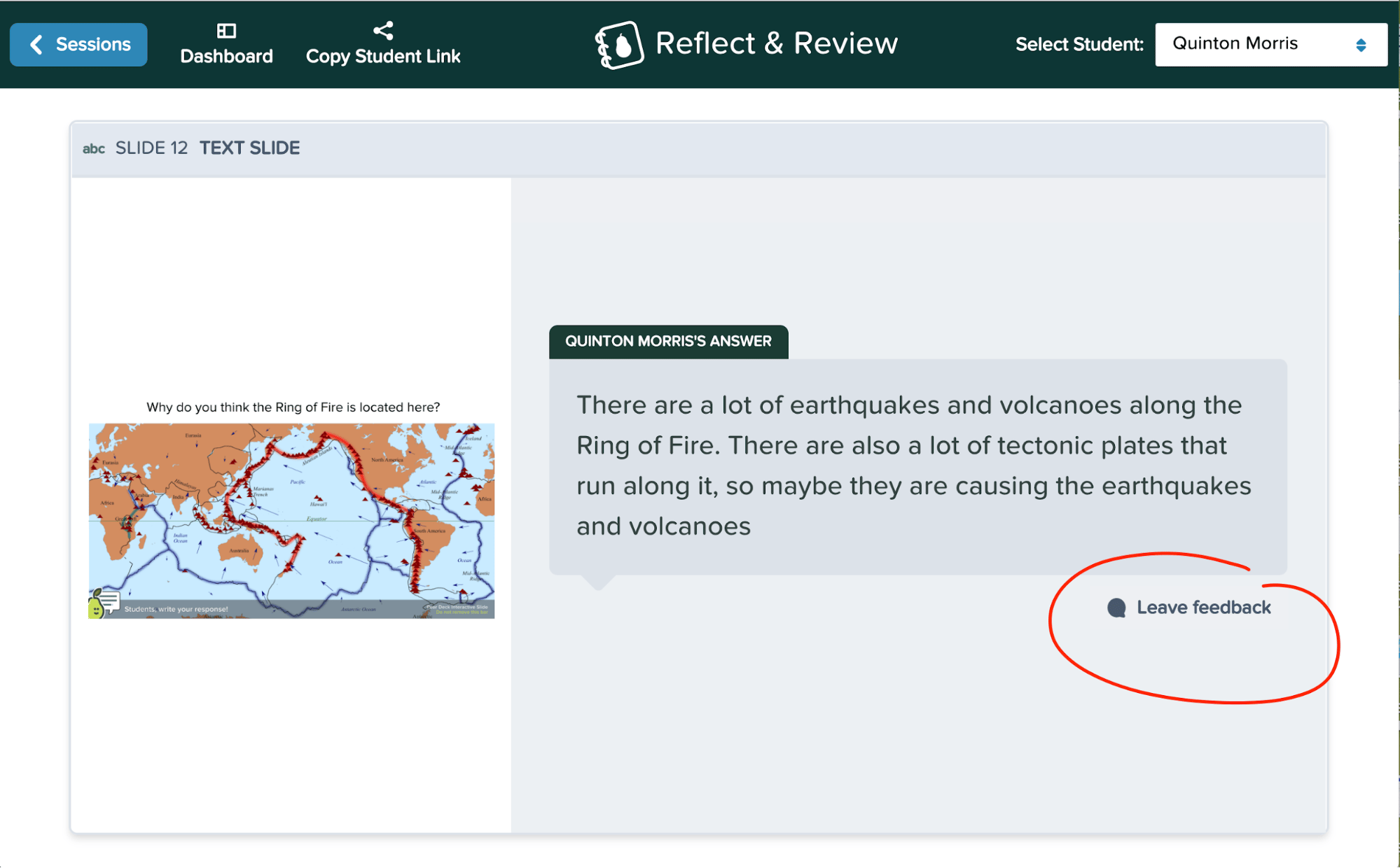 Reflect & review, text response slide, leave feedback circled
