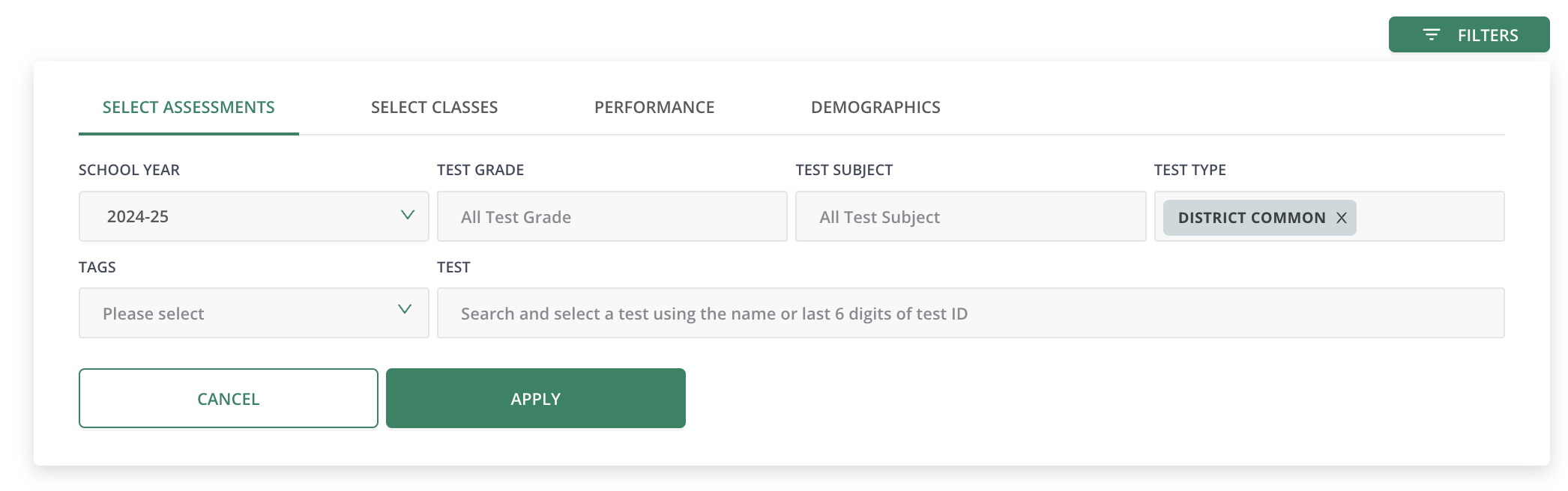 Pear Assessment Student Progress Filters panel showing assessment filters and the Apply button.