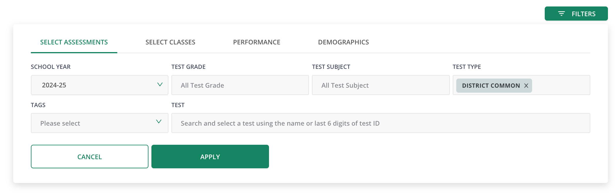 Pear Assessment Student Progress Filters panel showing assessment filters and the Apply button.