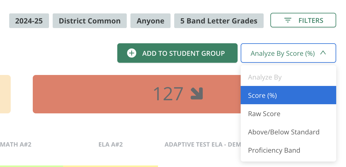 Pear Assessment Student Progress report showing Score, Raw Score, Above or Below Standard, and Proficiency Band in the Analyze By menu.