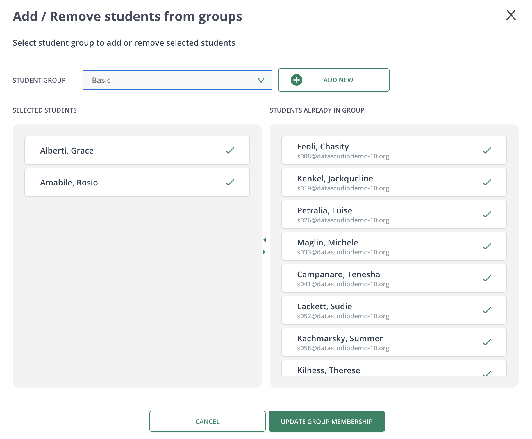 Pear Assessment Add or Remove Students from Groups dialog showing selected students and the Update Group Membership button.