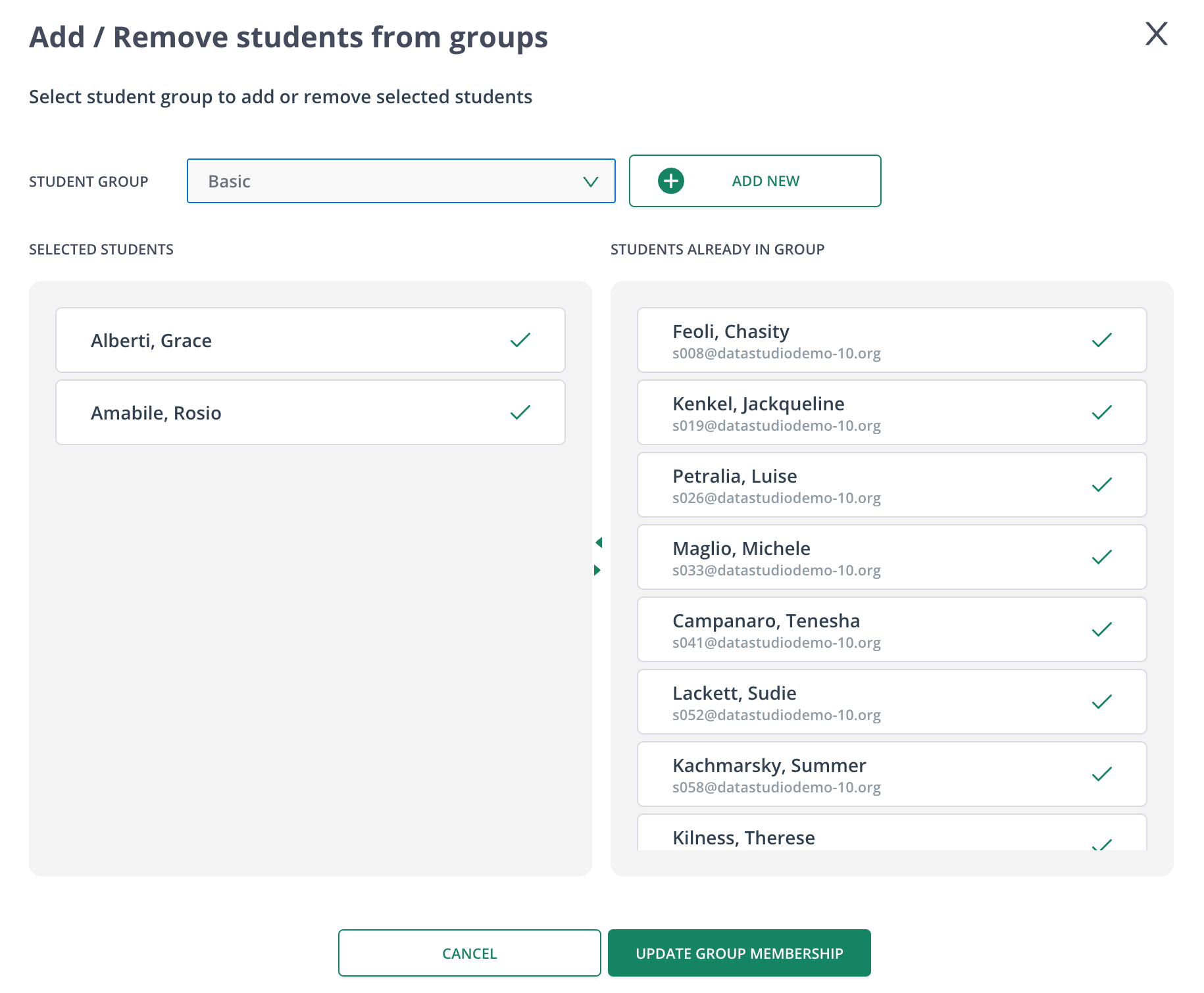 Pear Assessment Add or Remove Students from Groups dialog showing selected students and the Update Group Membership button.