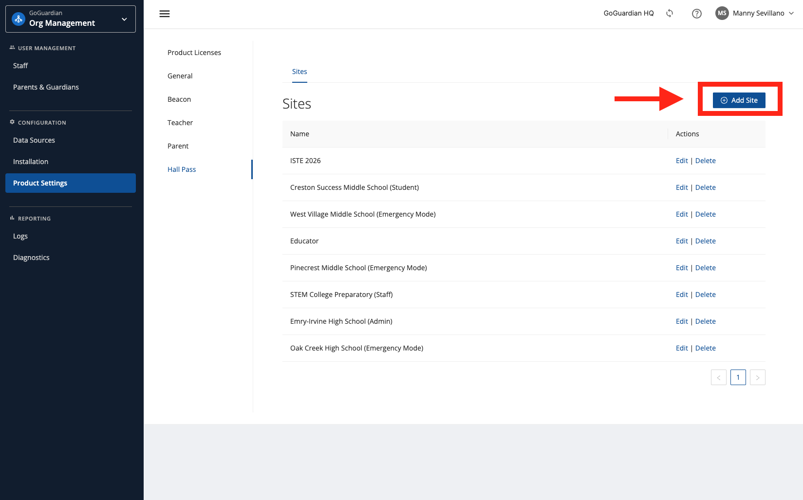 GoGuardian Org Management Product Settings page showing the Hall Pass Sites list and Edit actions for existing sites