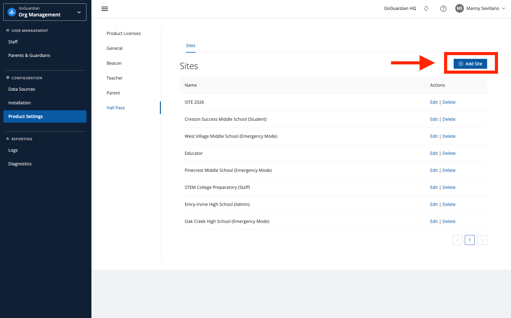 GoGuardian Org Management Product Settings page showing the Hall Pass Sites list and Edit actions for existing sites