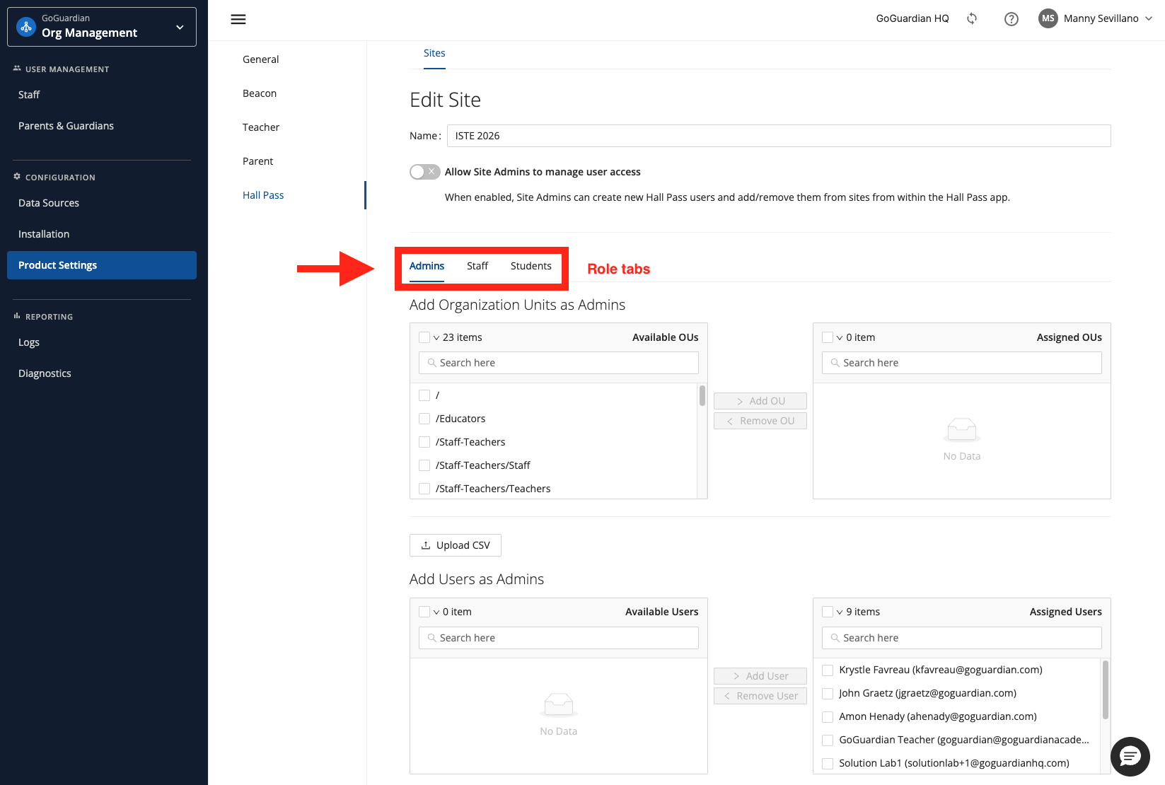 GoGuardian Org Management Edit Site page with the Admins, Staff, and Students tabs and the Admins assignment panels visible