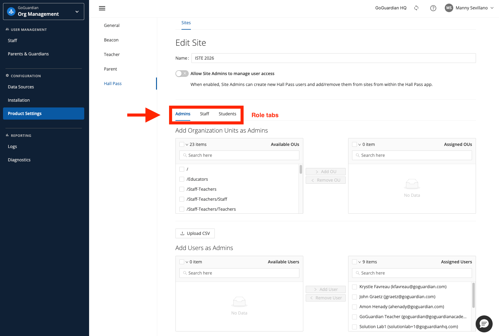 GoGuardian Org Management Edit Site page with the Admins, Staff, and Students tabs and the Admins assignment panels visible