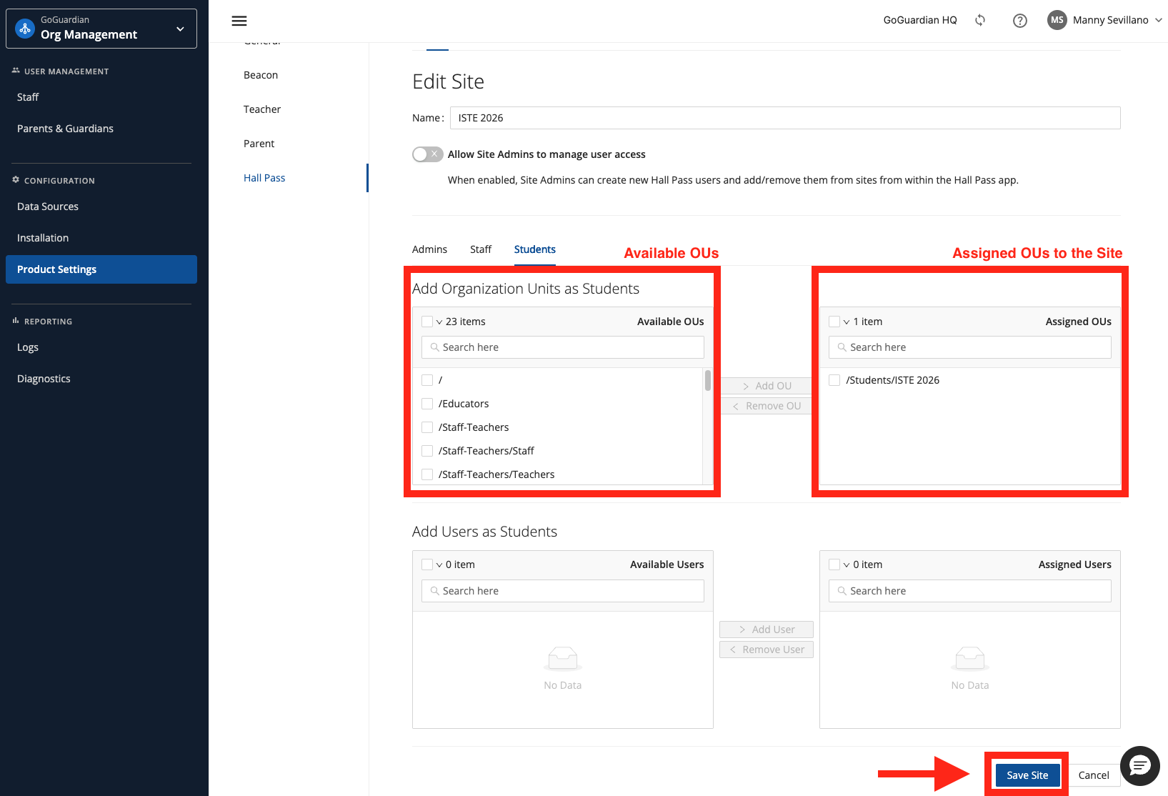 GoGuardian Org Management Edit Site Students tab showing Available OUs and an OU in Assigned OUs for the site