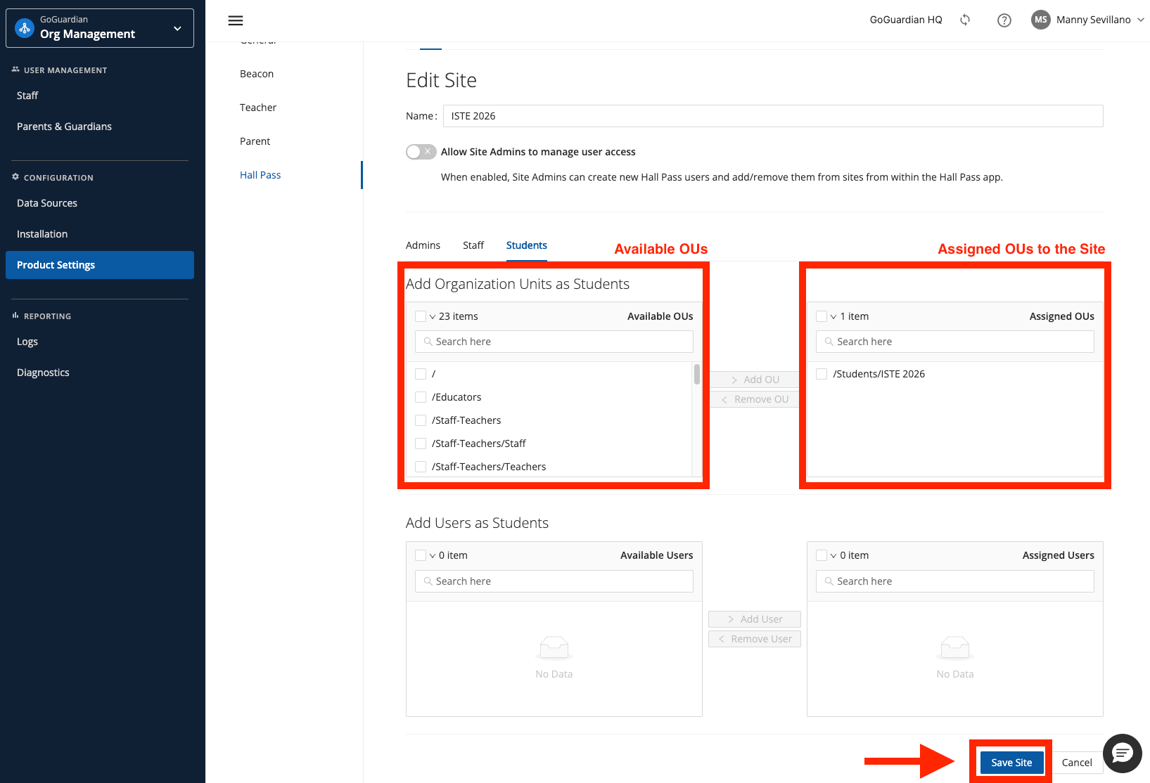GoGuardian Org Management Edit Site Students tab showing Available OUs and an OU in Assigned OUs for the site