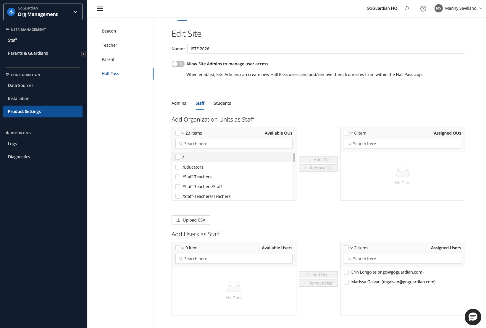 GoGuardian Org Management Edit Site Staff tab showing Available Users, Assigned Users, and the Upload CSV control