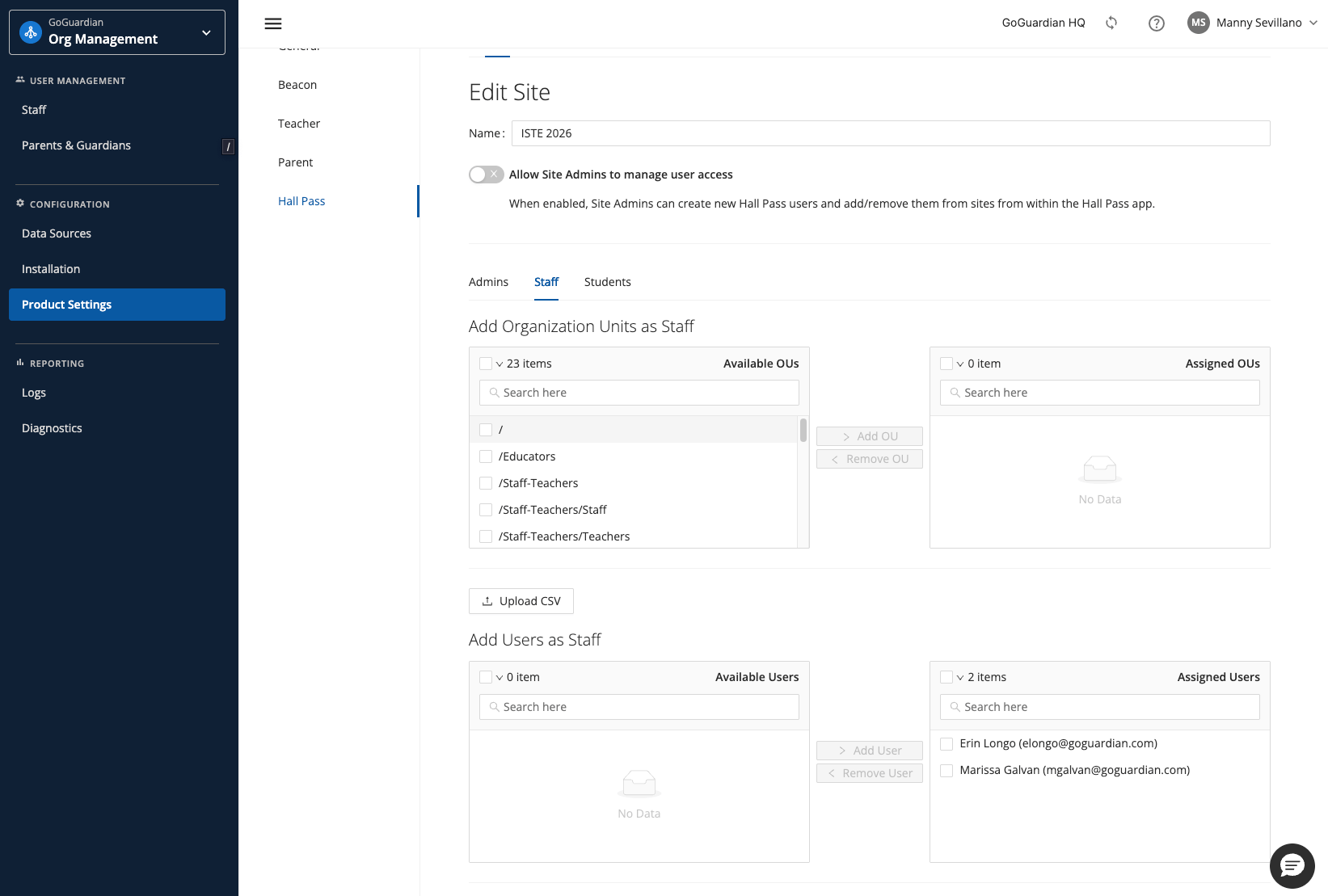 GoGuardian Org Management Edit Site Staff tab showing Available Users, Assigned Users, and the Upload CSV control