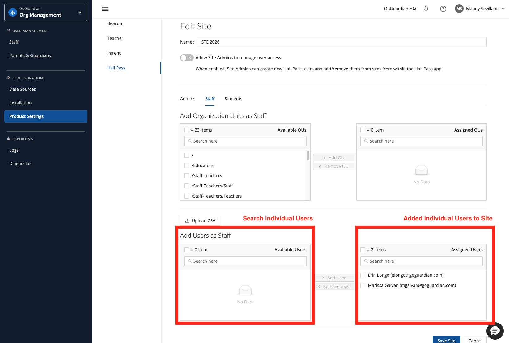 GoGuardian Org Management Edit Site Staff tab showing the individual-user search area and users assigned to the site