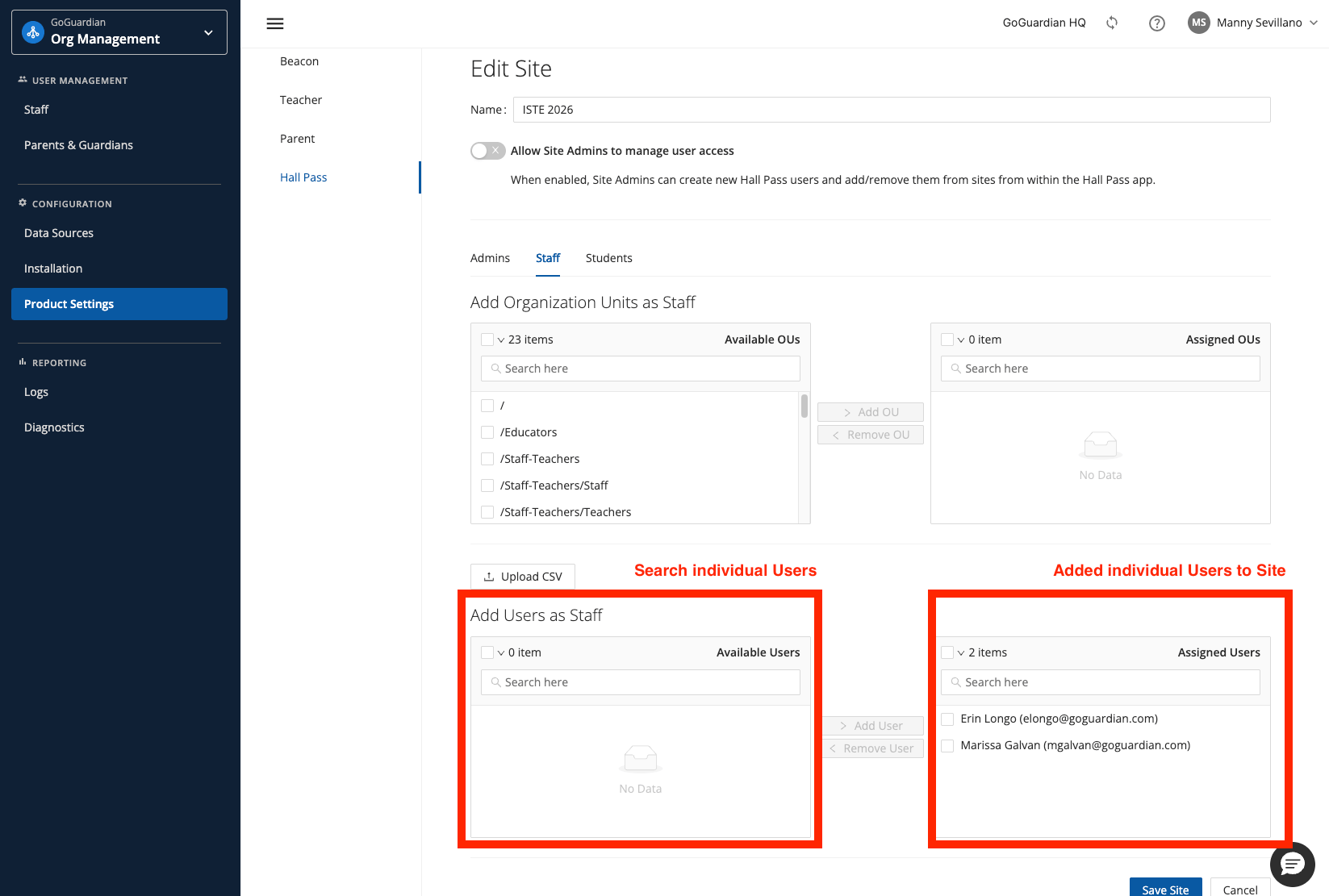 GoGuardian Org Management Edit Site Staff tab showing the individual-user search area and users assigned to the site