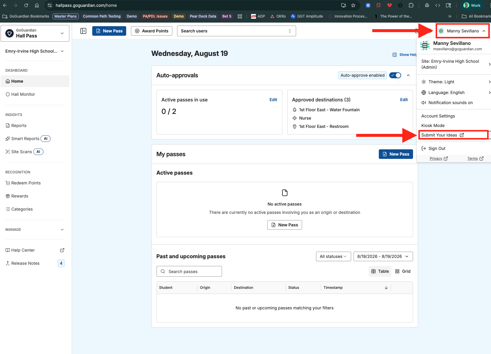 GoGuardian Hall Pass home page showing a demo account at a site with the Admin role