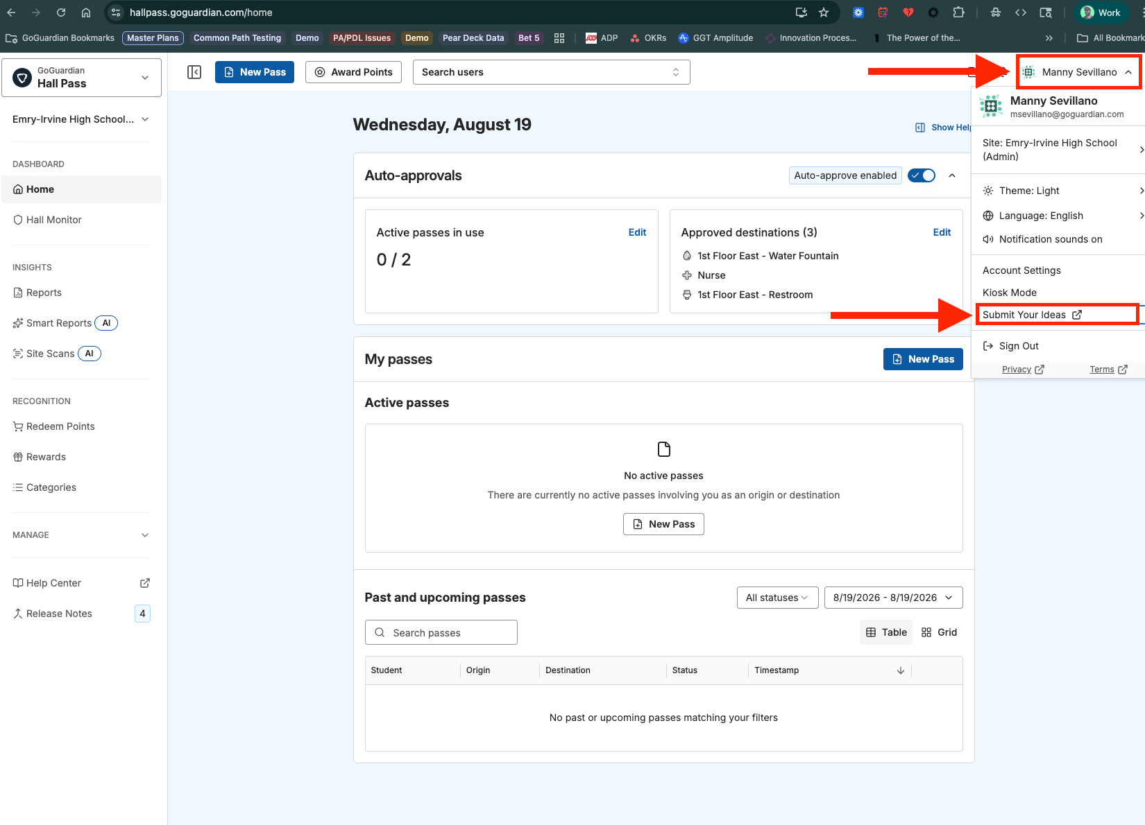 GoGuardian Hall Pass home page showing a demo account at a site with the Admin role