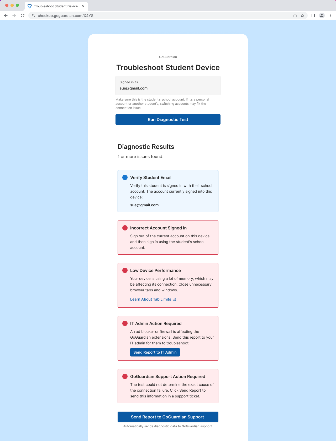 Diagnostic results showing issues found across account, device, and IT environment checks.