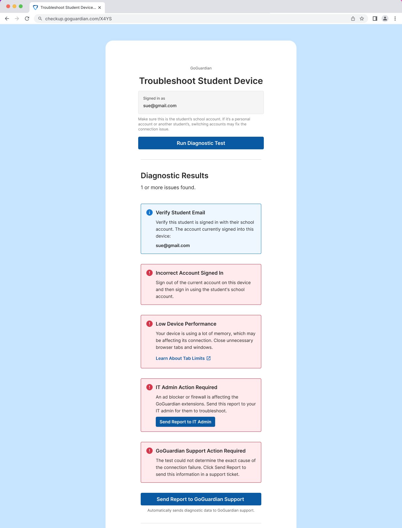 Diagnostic results showing issues found across account, device, and IT environment checks.