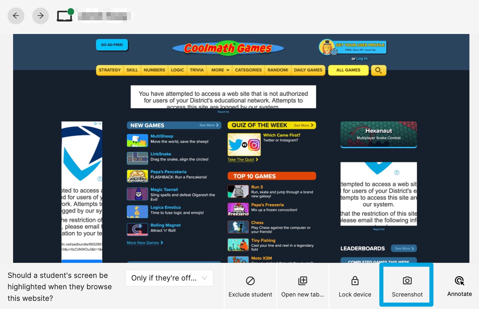 A student's screen view highlighting the Screenshot button in a GoGuardian Teacher class session