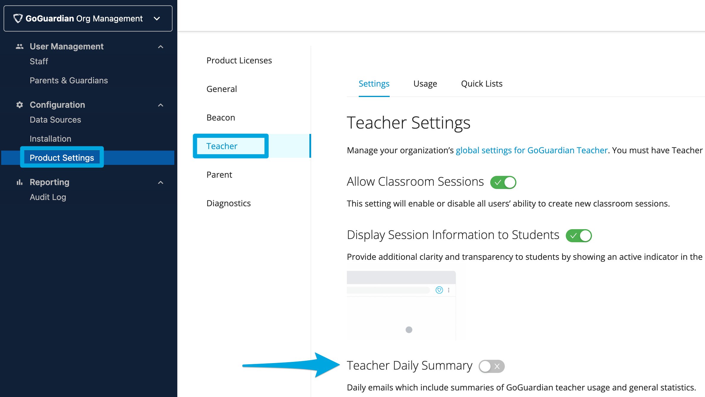 GoGuardian Org Management > Product Settings (selected) > Teacher (selected) > Teacher Daily Summary (selected)…