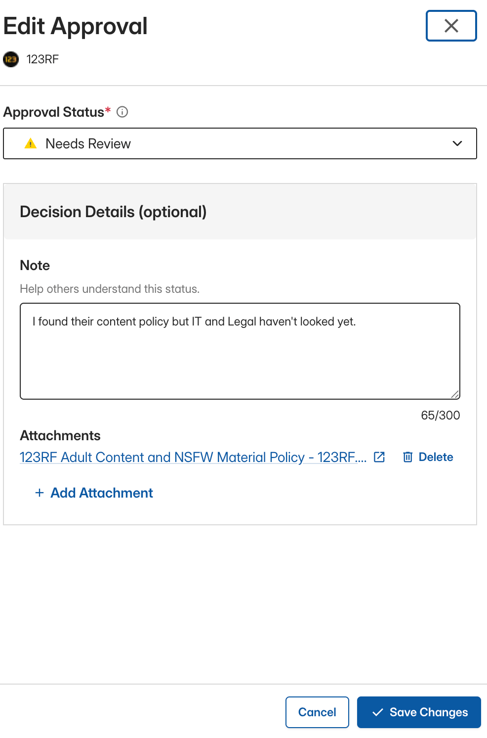 Edit Approval panel showing Approval Status, Note, Attachments, Add Attachment, and Save Changes
