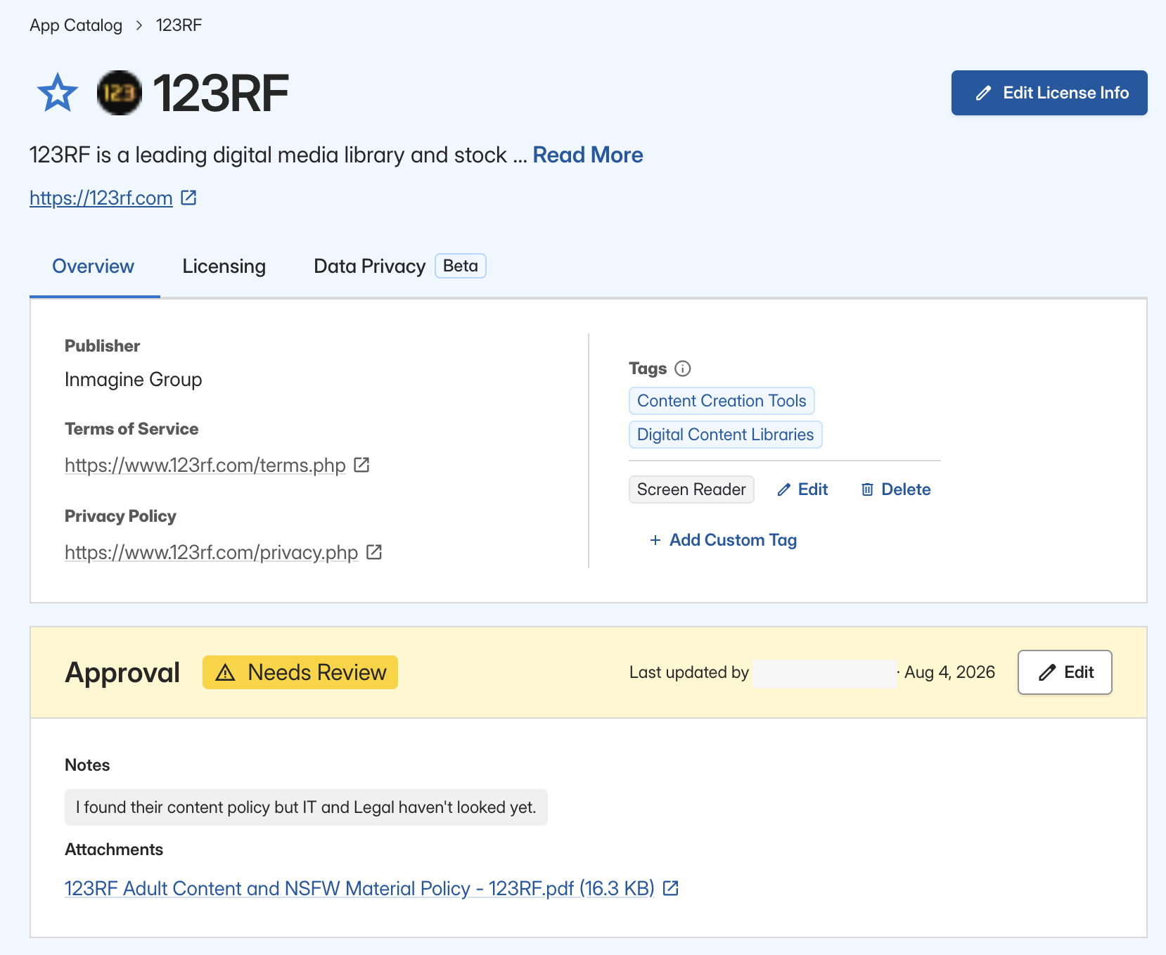 App details page showing approval status, last updated information, a note, and an attached document