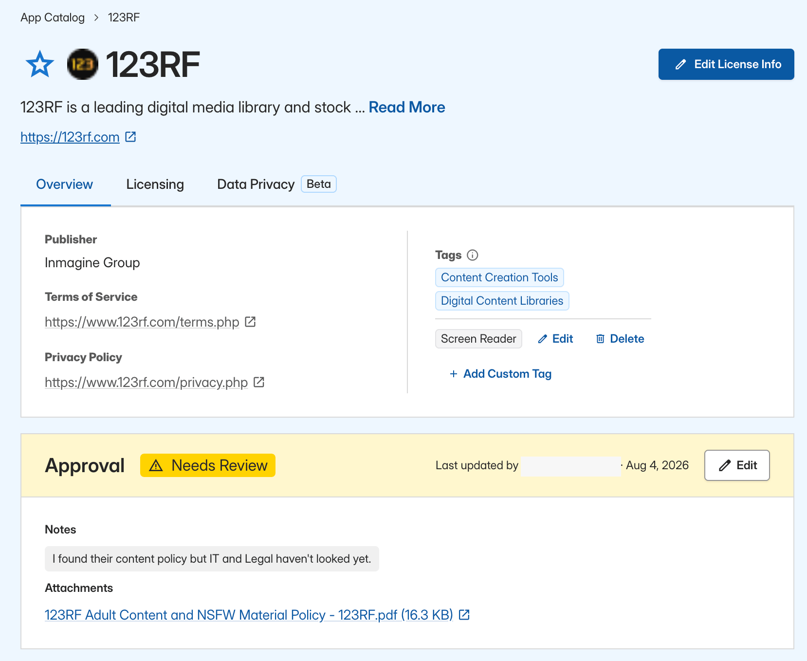App details page showing approval status, last updated information, a note, and an attached document