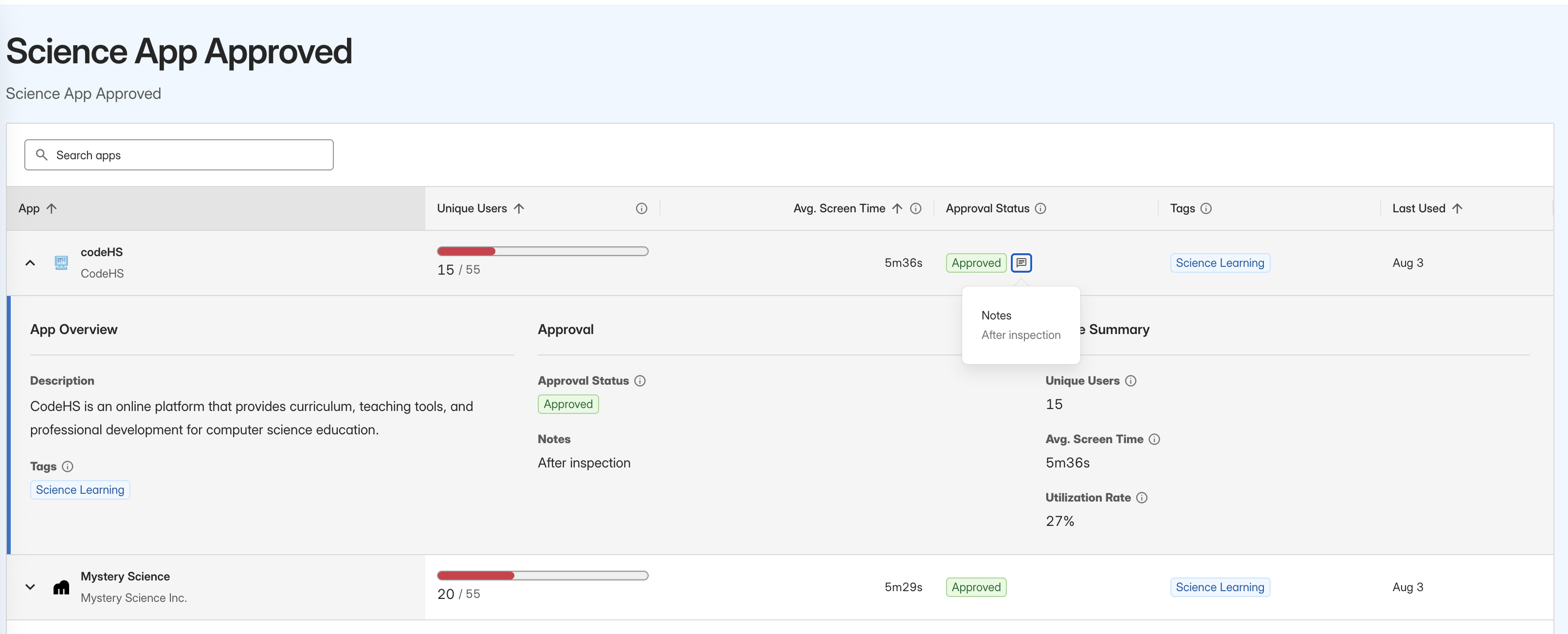 Shared View showing app approval status and approval notes