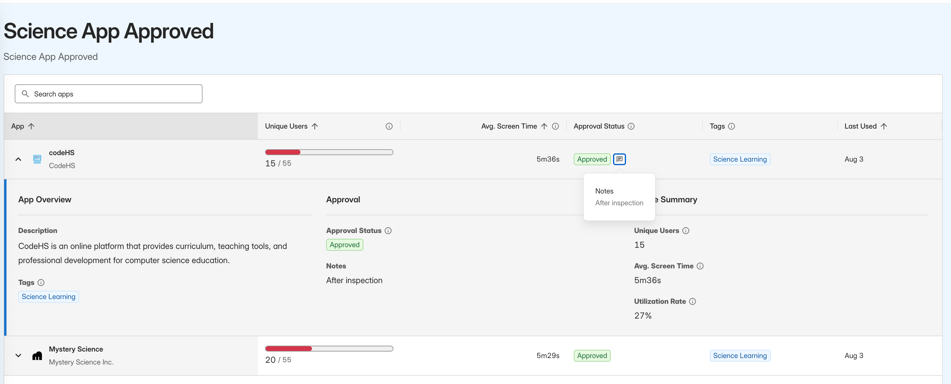 Shared View showing app approval status and approval notes