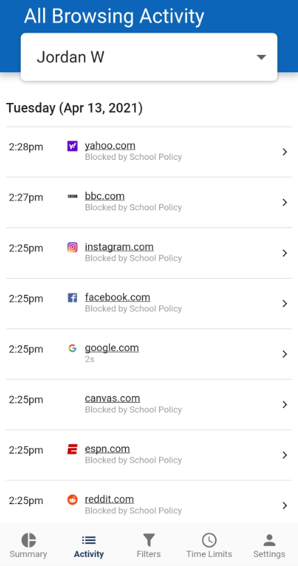 GoGuardian Parent App student browsing history page