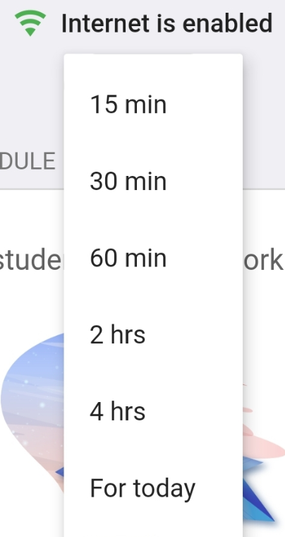 Parent app internet pausing time select page