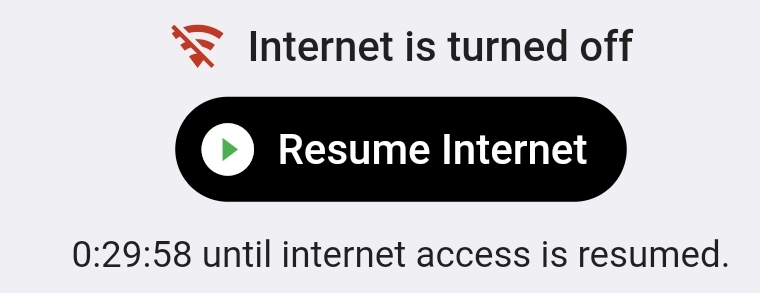 'Internet is Paused' page with a 'Resume Internet' button