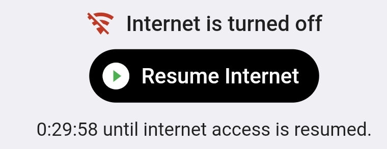 'Internet is Paused' page with a 'Resume Internet' button