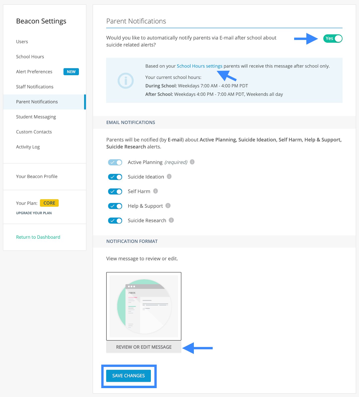 Beacon settings for Parent notifications configurations
