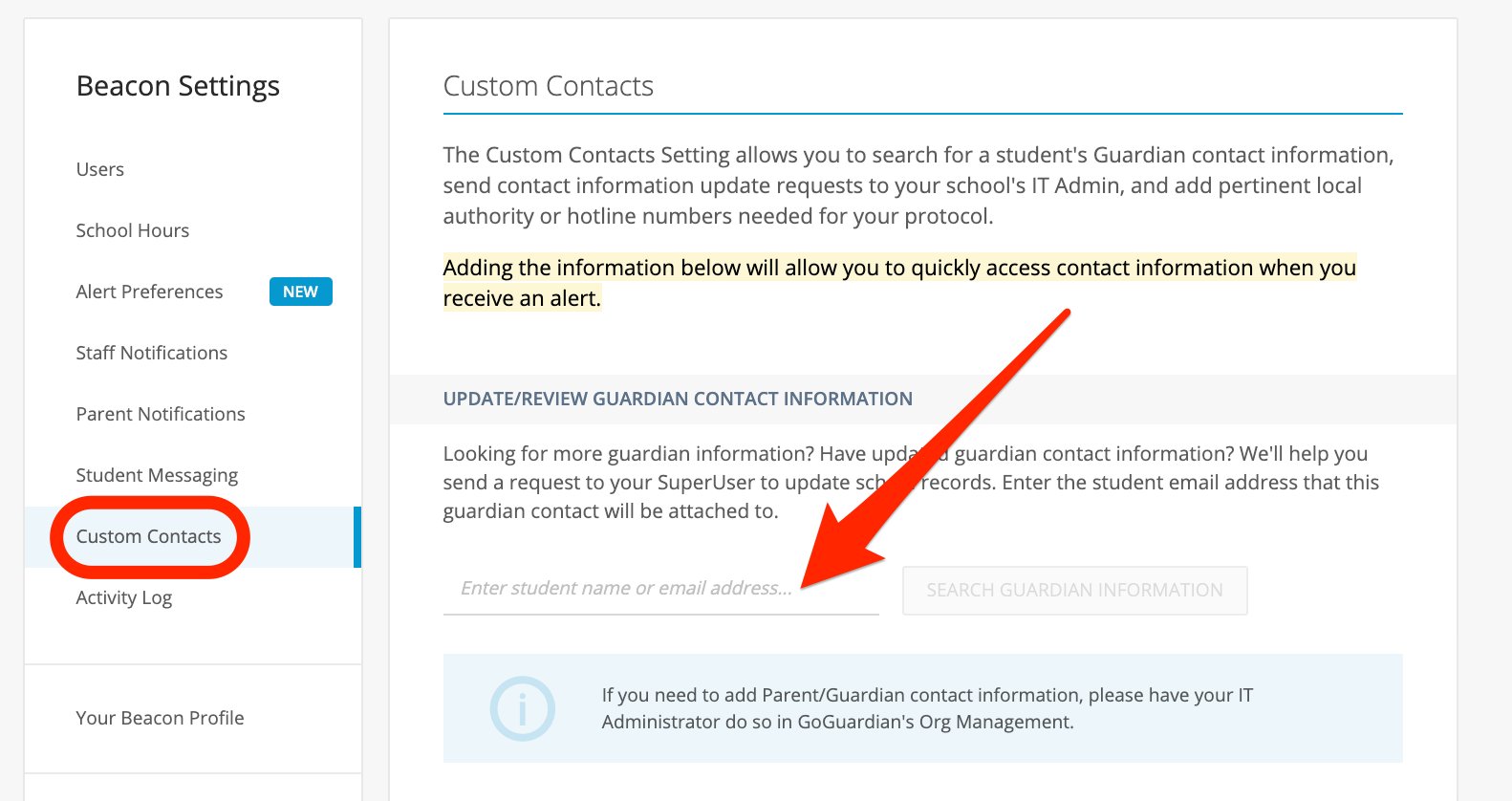 Beacon custom contacts settings