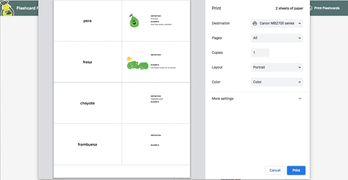 Print Menu for printing Flashcard Sets