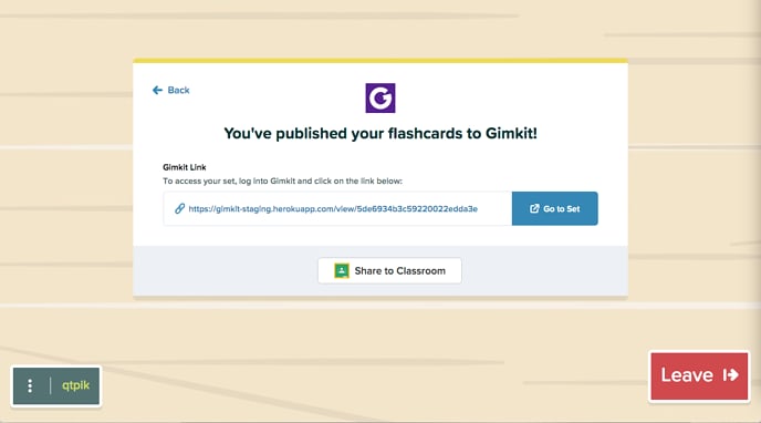 Image shows screen alerting that Flashcards have been published to Gimkit and displays a link to the Flashcards