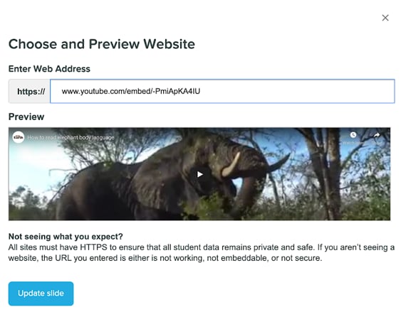 YouTube pasted embed URL with video preview