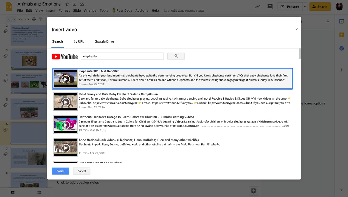 Searching and selecting a video to insert on a Google slide