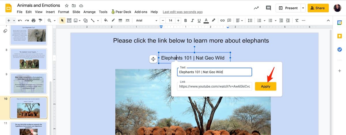 Adding a video link to a text slide