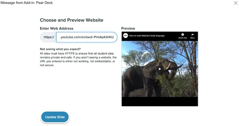 Pasting a video embed link onto a PowerPoint web slide.