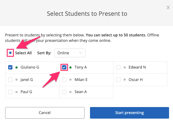 Toggle Select All or toggle specific students' names