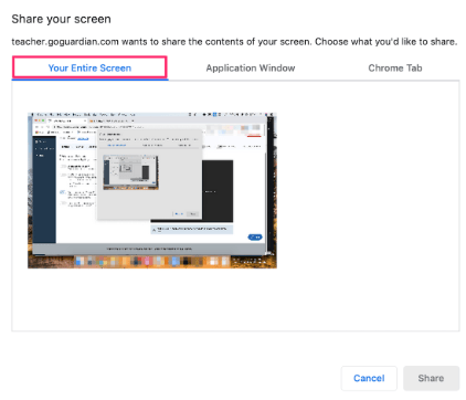 Share Your Screen options: Your Entire Screen (selected), Application Window, Chrome Tab. One view of the whole…