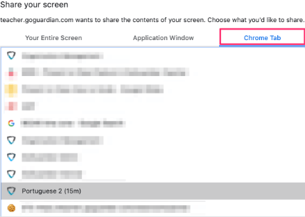 Share Your Screen options: Your Entire Screen, Application Window, Chrome Tab (selected). Choices of open Chrome…